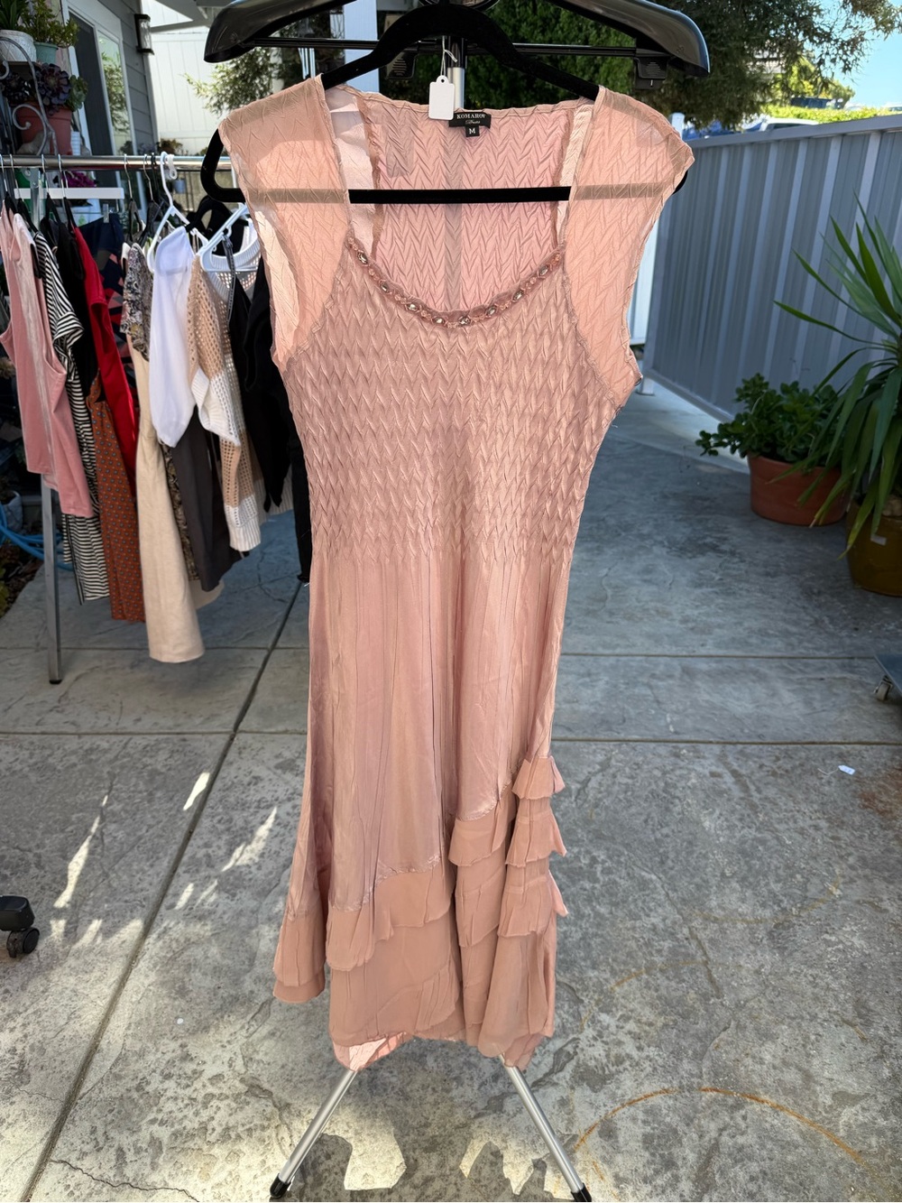 KOMAROV Pink Beaded Neck Cap-Sleeve Dress